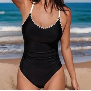 Women’s Medium Black One Piece Swimsuit Scoop Neck Cream Shell Stitch Tie Back